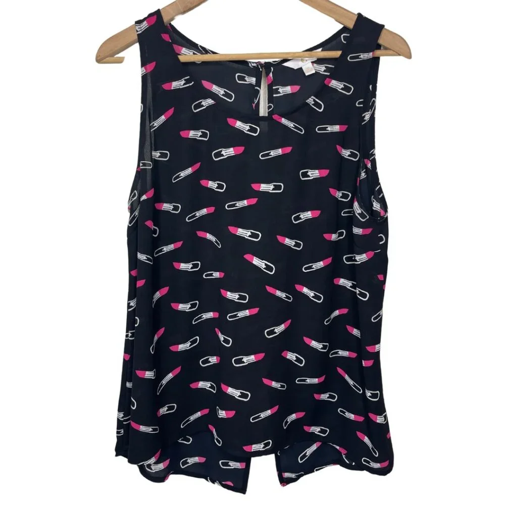 CHARMING CHARLIE | Black and Pink Lipstick Split Back Tank Top | Size XL - Picture 2 of 11